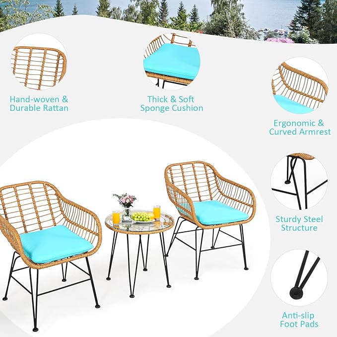 Tangkula 3 Pieces Patio Bistro Set, Rattan Conversation Set - Image 6