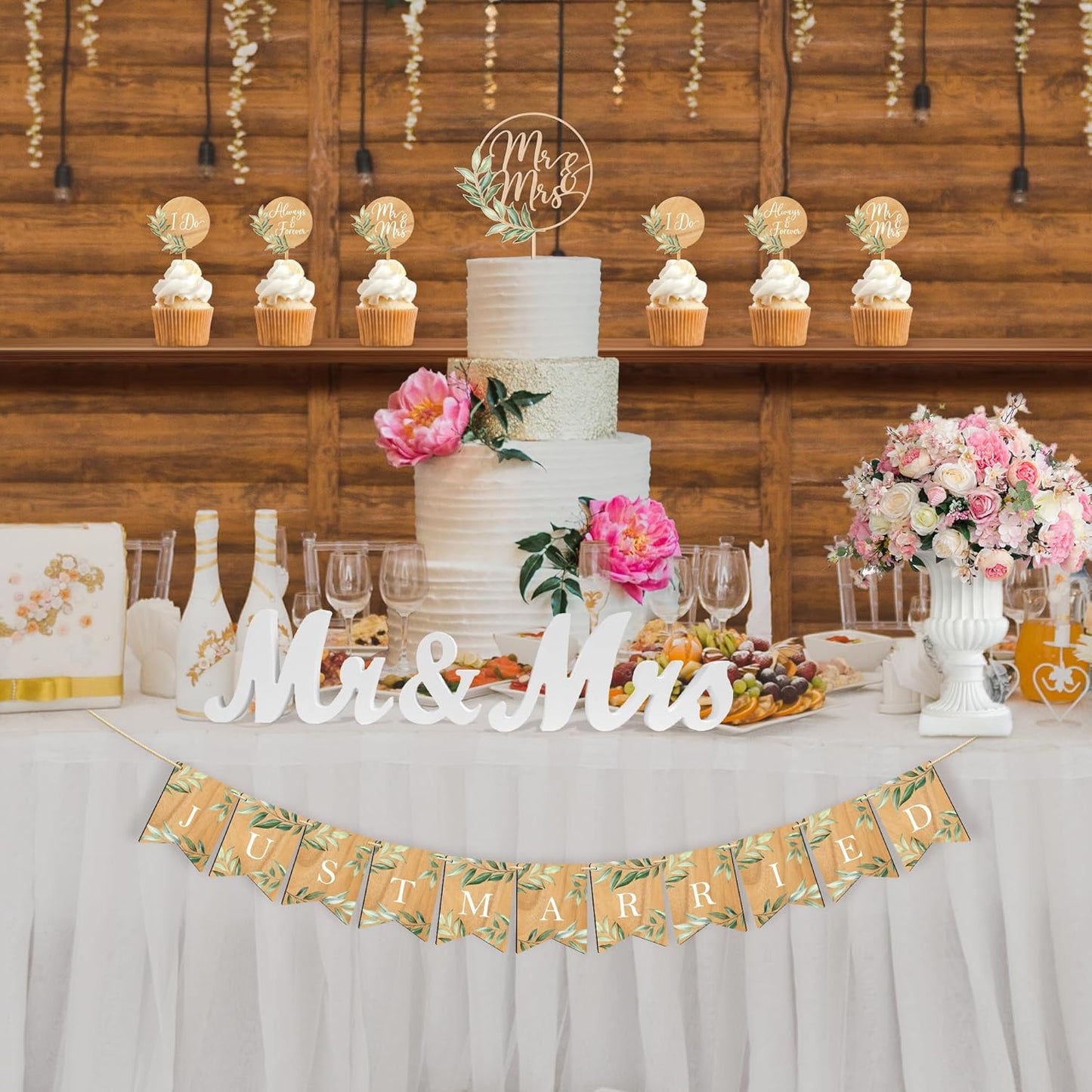 Mr & Mrs Cake Topper & Wedding Cupcake Toppers & Just Married Banner & Mr Mrs Table Sign Green Wedding Decorations in Wood