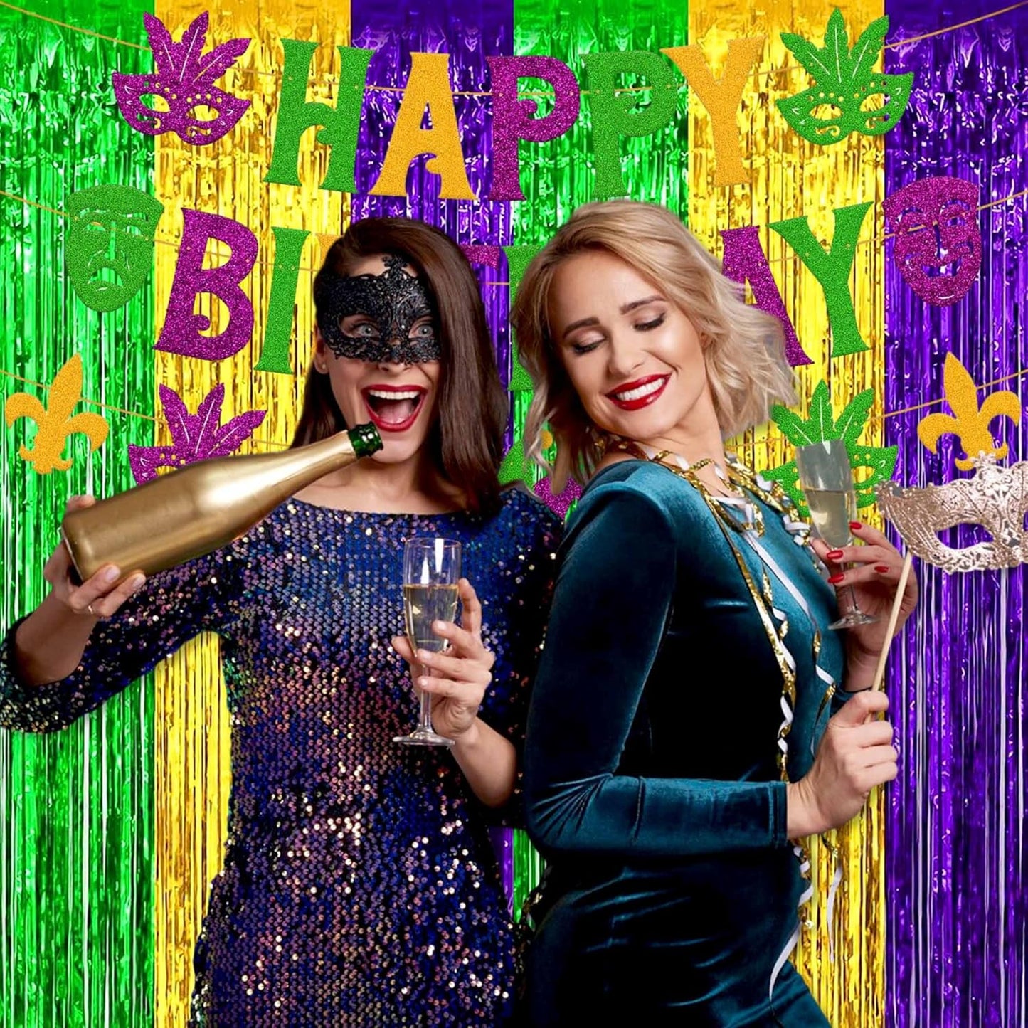 6 Pack Gold Green Purple Foil Fringe Curtains Backdrop, 3.28 x 8.2 Ft Metallic Streamers Tinsel Curtains Background for Photo Booth, Birthday, Weddings, Carnivals, Graduation, Themed Party Decorations