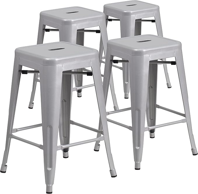 Flash Furniture Lily 4 Pack Commercial Grade 24" High Backless Silver Metal by FlashFurniture