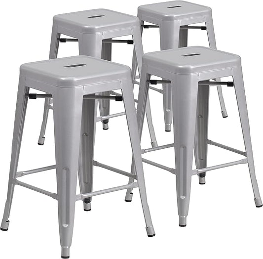 Flash Furniture Lily 4 Pack Commercial Grade 24" High Backless Silver Metal by FlashFurniture