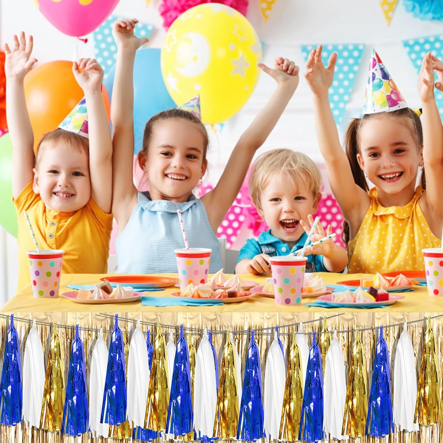 6P Navy-Blue White-Gold Foil Fringe Metallic Tassel-Garland, Tassels Banner Streamers for Parade Floats, Bachelorette, Wedding, Birthday, Graduation, Christmas, Bridal/Baby Shower Party Decorations