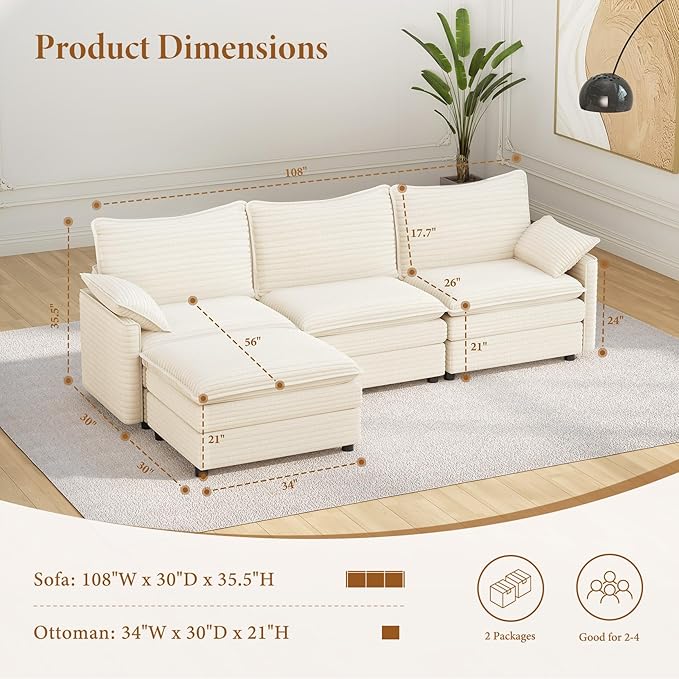 Vesgantti 108" Modular Sectional Sofa, Comfy Cloud Couch - Image 2