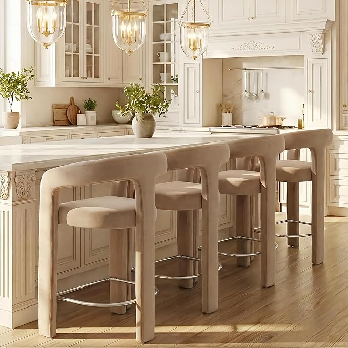 HNY 26 Inch Modern Tall Barrel Bar Stools Set of 4, Velvet Upholstered Barstools - Image 8