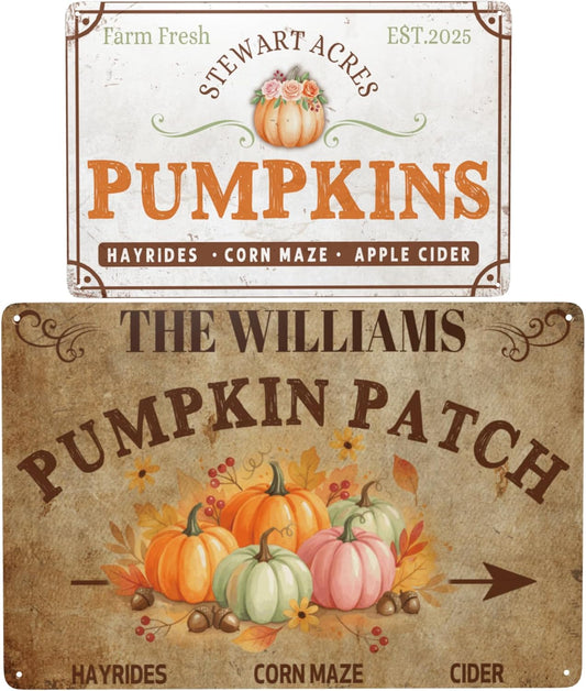 Personalized Halloween Farm Fresh Pumpkin Metal Sign Fall Decor with Family Name Text Custom Pumpkin Patch Farm Signs for Fall Thanksgiving Garden Farmhouse Wall Decoration