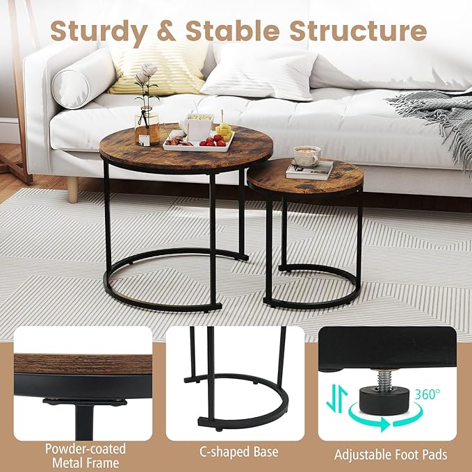 Giantex Nesting Coffee Table Set of 2, Round Stacking Side Tables w/Wooden - Image 7