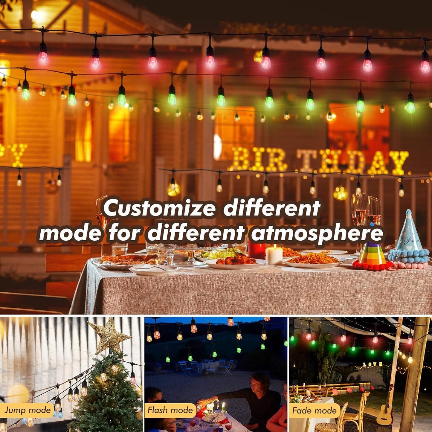 96FT Solar Outdoor String Lights, 30 Shatterproof Edison LED Bulbs, Dimmable RGB Color Changing Patio Lights with Remote, Waterproof Commercial Grade Fairy Lights for Garden, Yard