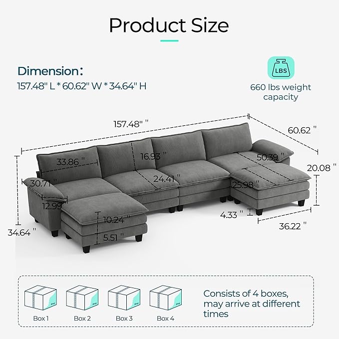 LINSY HOME 157" Modular U-Shaped Sectional Sofa, 4-Seat Corduroy Modern Cloud - Image 2