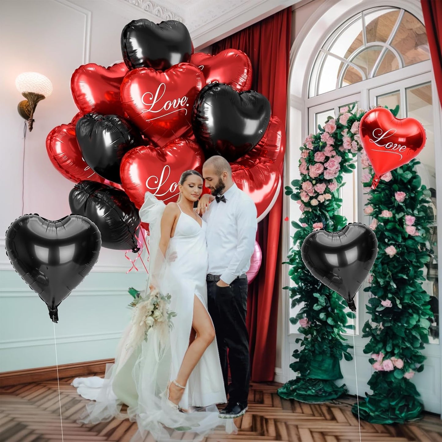 12 Pcs Heart Balloons, 18 inch Valentine's Day Balloons, Red Black Heart Foil Helium Balloon, Love Printed Foil Balloon for Valentine's Day Wedding Baby Shower Anniversary Party Decorations