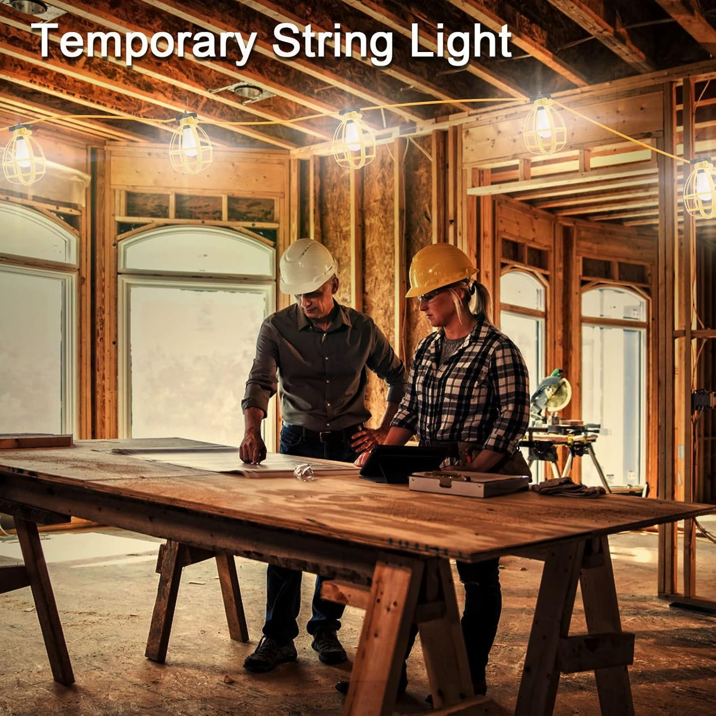 100FT Construction String Lights, 100W 11 Bulbs Work Lights with E26 Base, Construction Lights IP65 Waterproof, 8000LM 6500K Temporary Lighting for indoor Workshop, Mine cave, Job Site