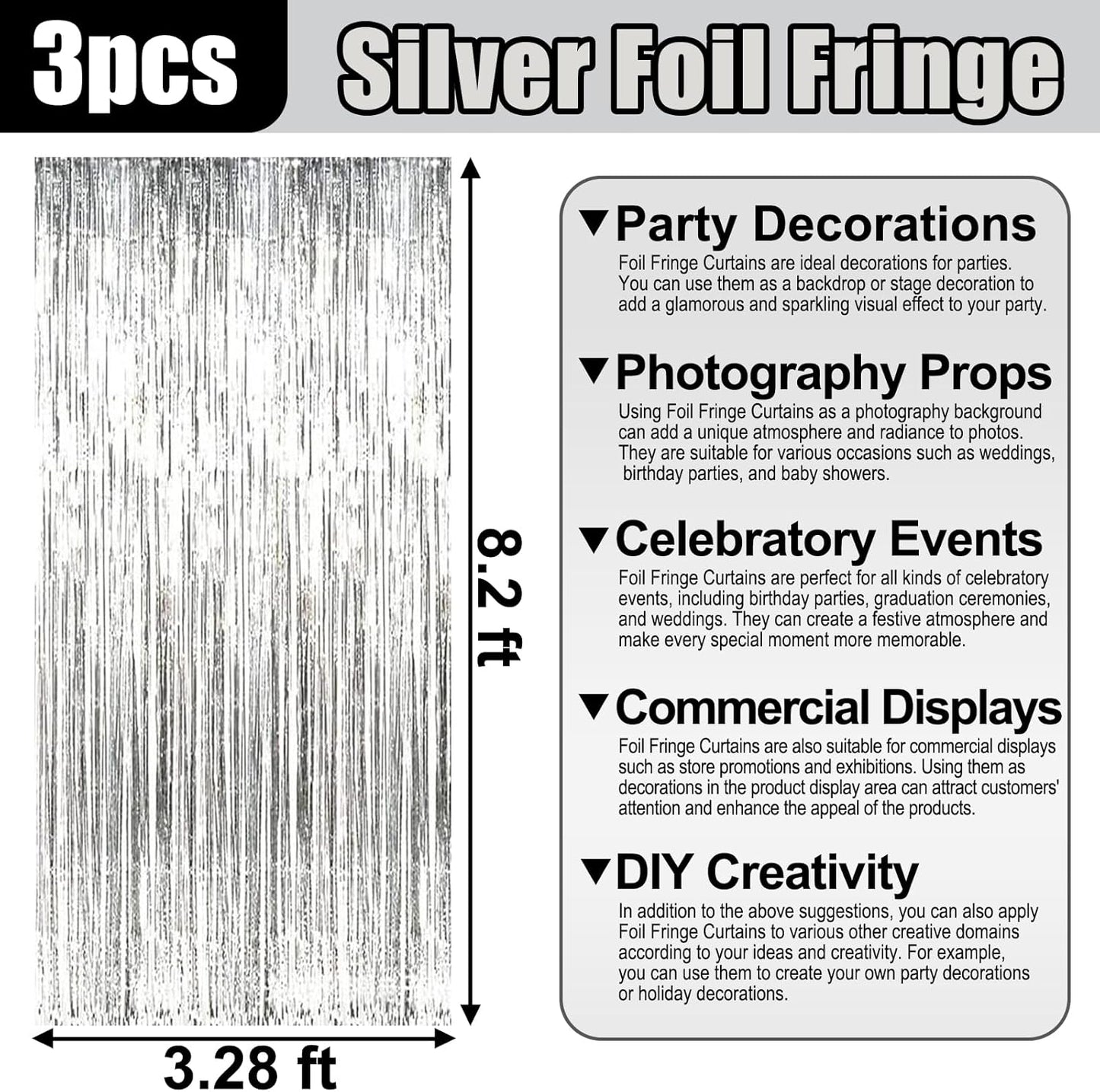 3 Pack Silver Foil Fringe Curtain Backdrop, 3.28Ft x 8.2Ft Metallic Tinsel Foil Fringe Streamer Curtains for Photo Booth, Christmas Day, Thanksgiving, Wedding, New Year Party Decorations