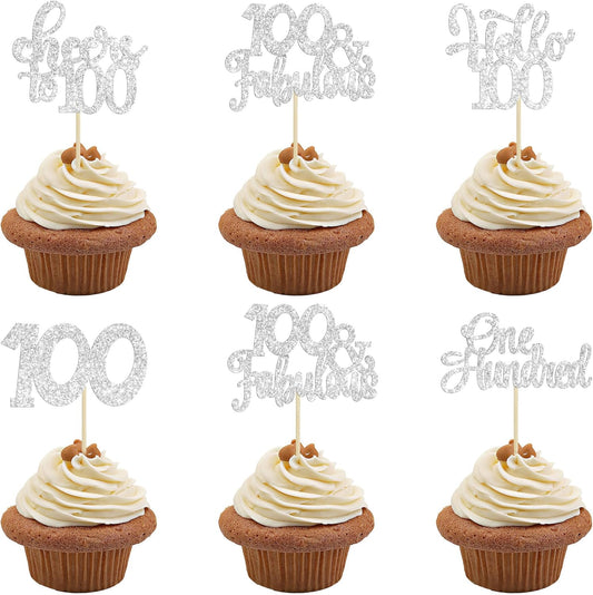 30pcs Happy 100th Birthday Cupcake Toppers - Silver Glitter One Hundred Cheers to 100 Years Old Cupcake Picks for Anniversary Party Cake Decorations
