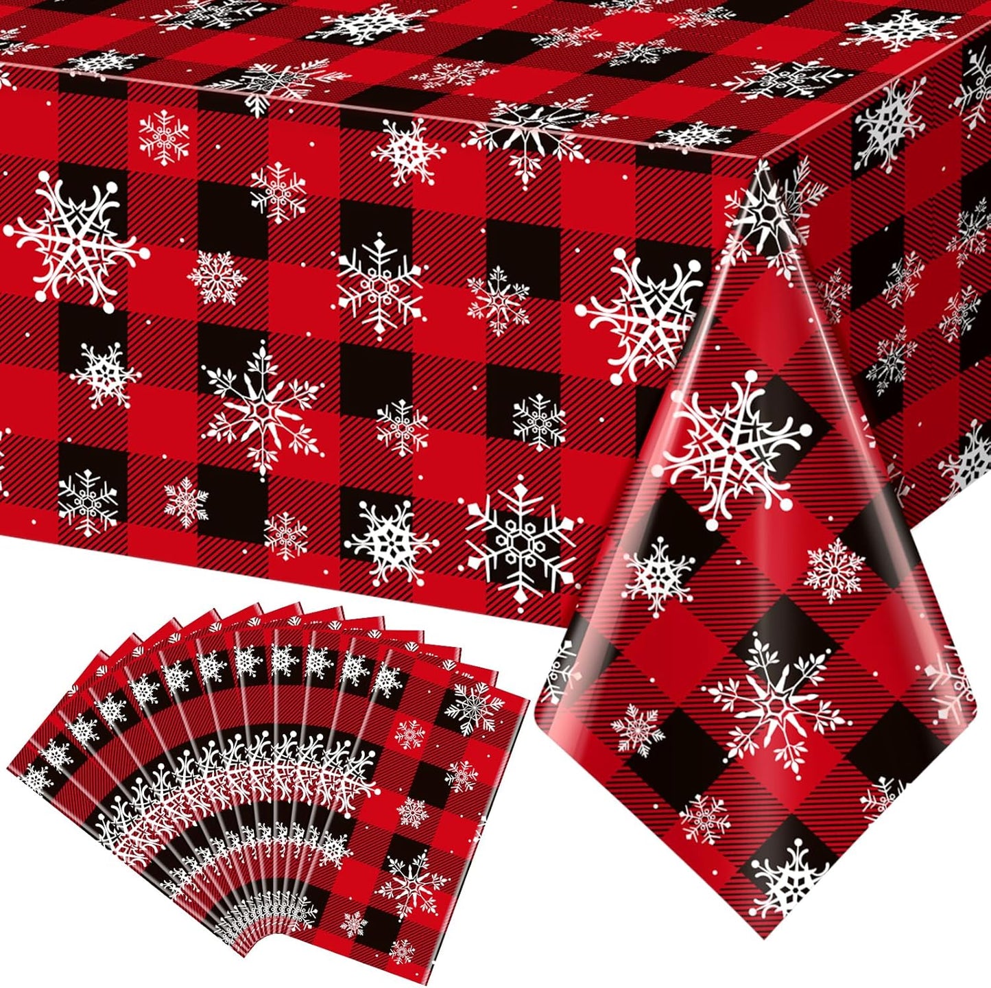 12 Pieces Red and Black Buffalo Plaid Merry Christmas Party Tablecloth Decorations,Plastic White Snowflake Buffalo Plaid Sign Table Cover for Winter Christmas Holiday Party Supplies,54x108 inch