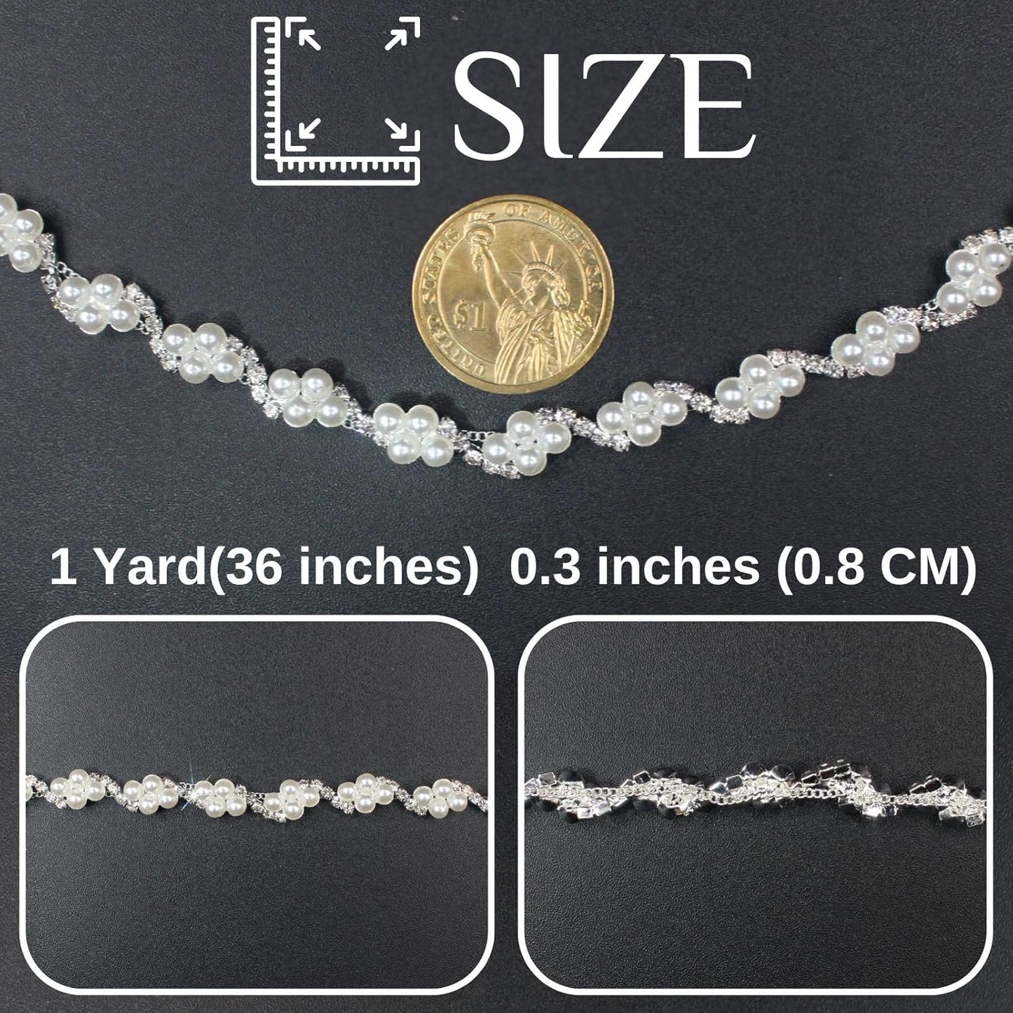 PEARLY JUN 1 Yard Pearl Rhinestone Trim Chain Silver Crystal Fringe Diamond Applique Ribbon String Tassel Strip for Sewing Wedding Dress Crafting Crafts Flower Embellishments