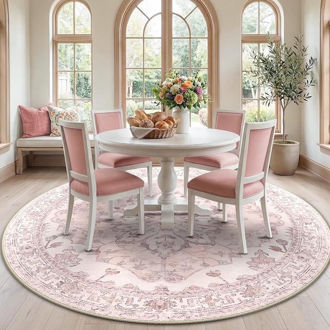 RELEANY Area Rugs Round 7ft Washable Non-Slip, Floral Vintage Distress Print by RELEANY
