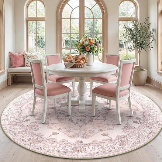 RELEANY Area Rugs Round 7ft Washable Non-Slip, Floral Vintage Distress Print by RELEANY