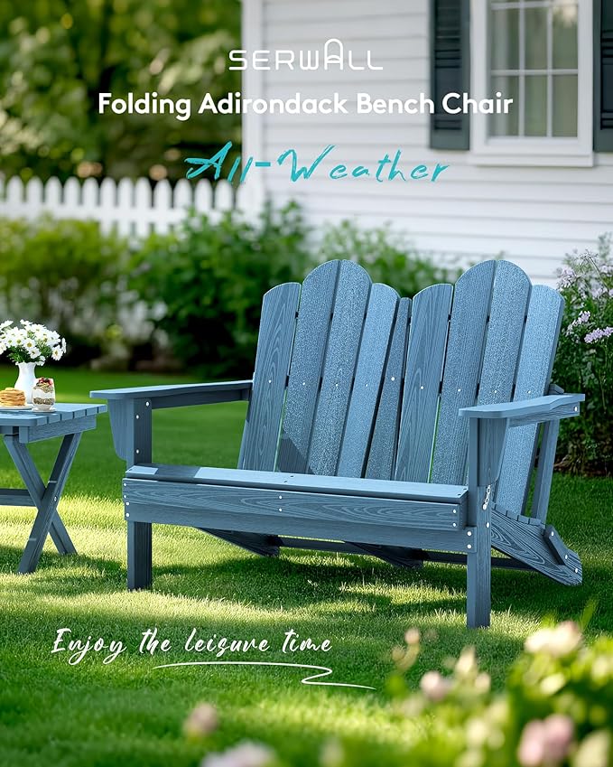 SERWALL Outdoor Folding Adirondack Bench, HDPE All-Weather Adirondack Loveseat - Image 3