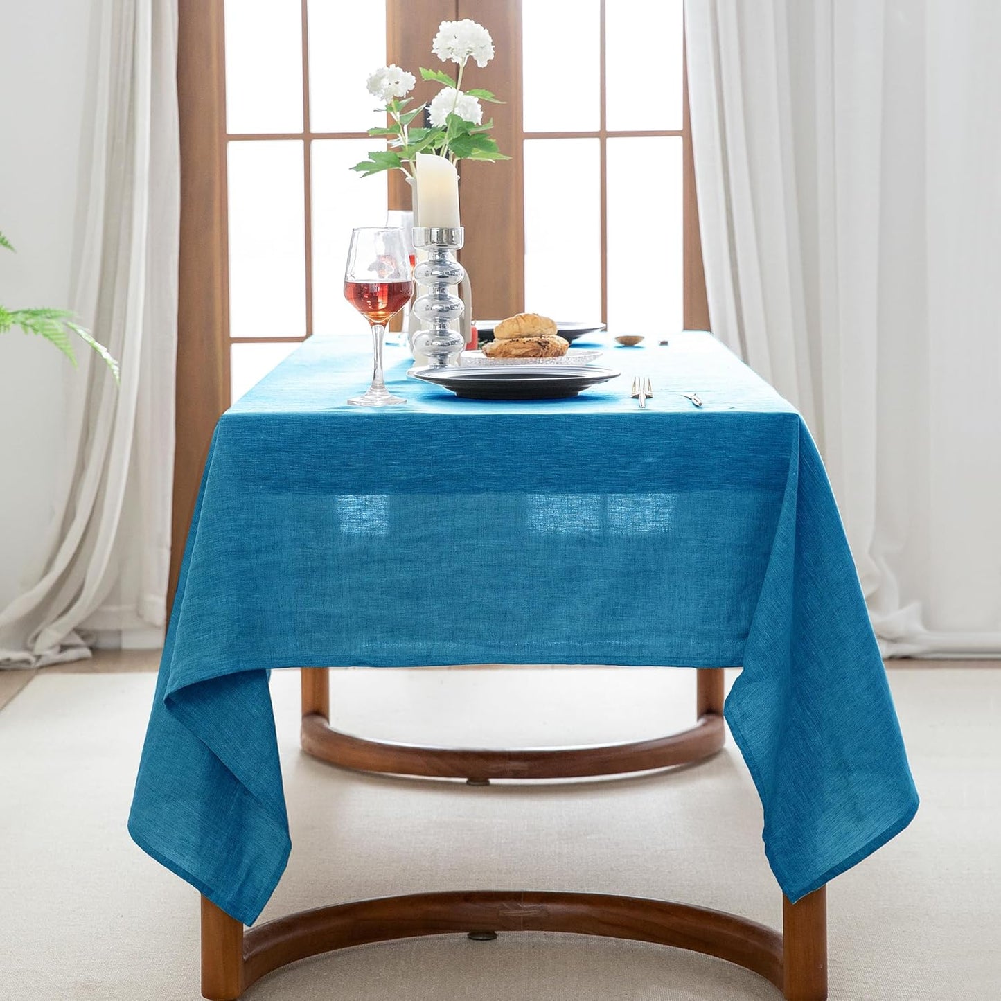 EVERLY 100% Pure Linen Rectangle Tablecloths 60x84Inches for Dining,Buffet Parties,Picnic,Events,Weddings and Restaurants,Decorative Halloween,Thanksgiving Machine Washable Tablecloths-Blue
