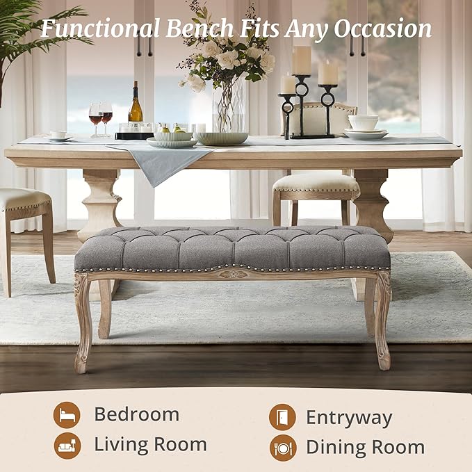 Cozyman Bedroom Bench, French Vintage Tufted Entryway 45.2" Carving Upholstered - Image 5