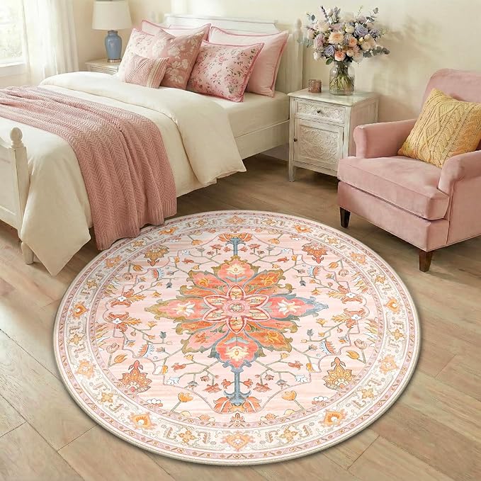 RELEANY Area Rugs Round 4ft Washable Non-Slip, Floral Vintage Distress Print - Image 3