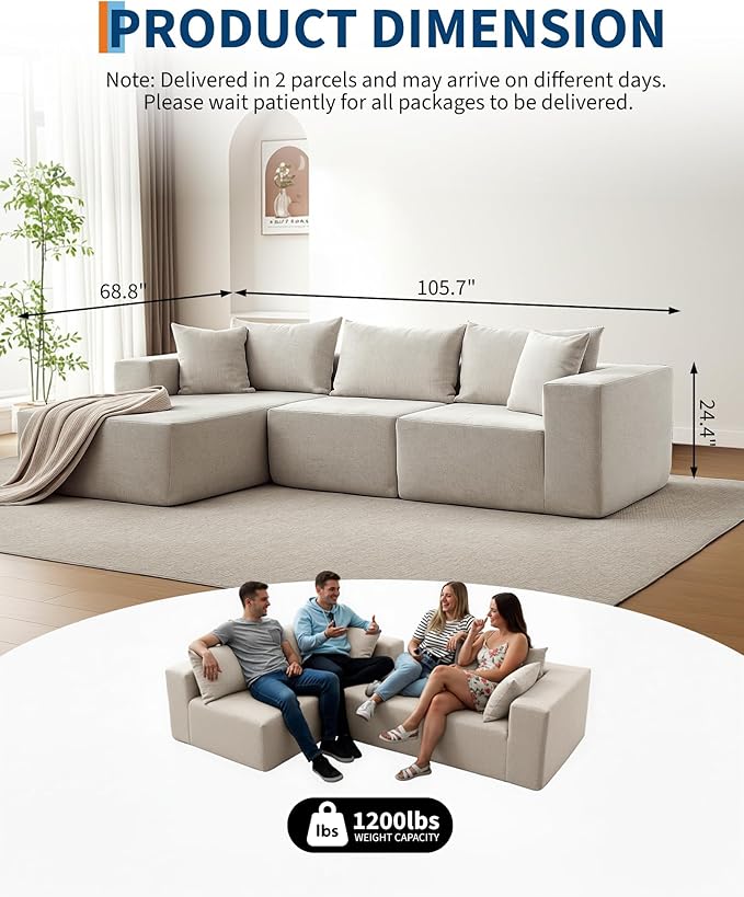 Corduroy Modular L Shape Sofa, Cloud Feel Compressed Sectional Couch - Image 2