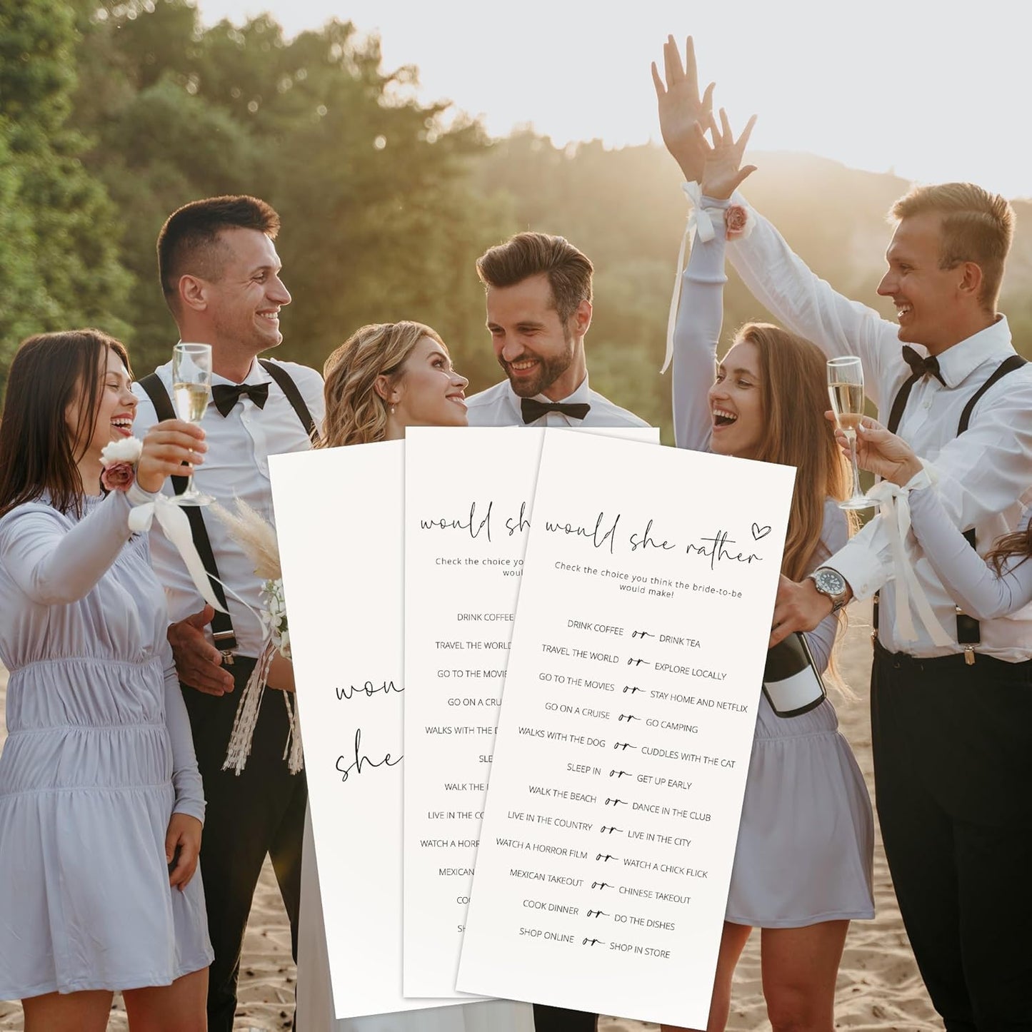 Bridal Shower Games, Would She Rather, 25Pcs 4x9inch Minimalist White Double-Sided Bridal Game Cards, Wedding Shower Games for Guests, Engagement Bachelorette Party Supplies - A15