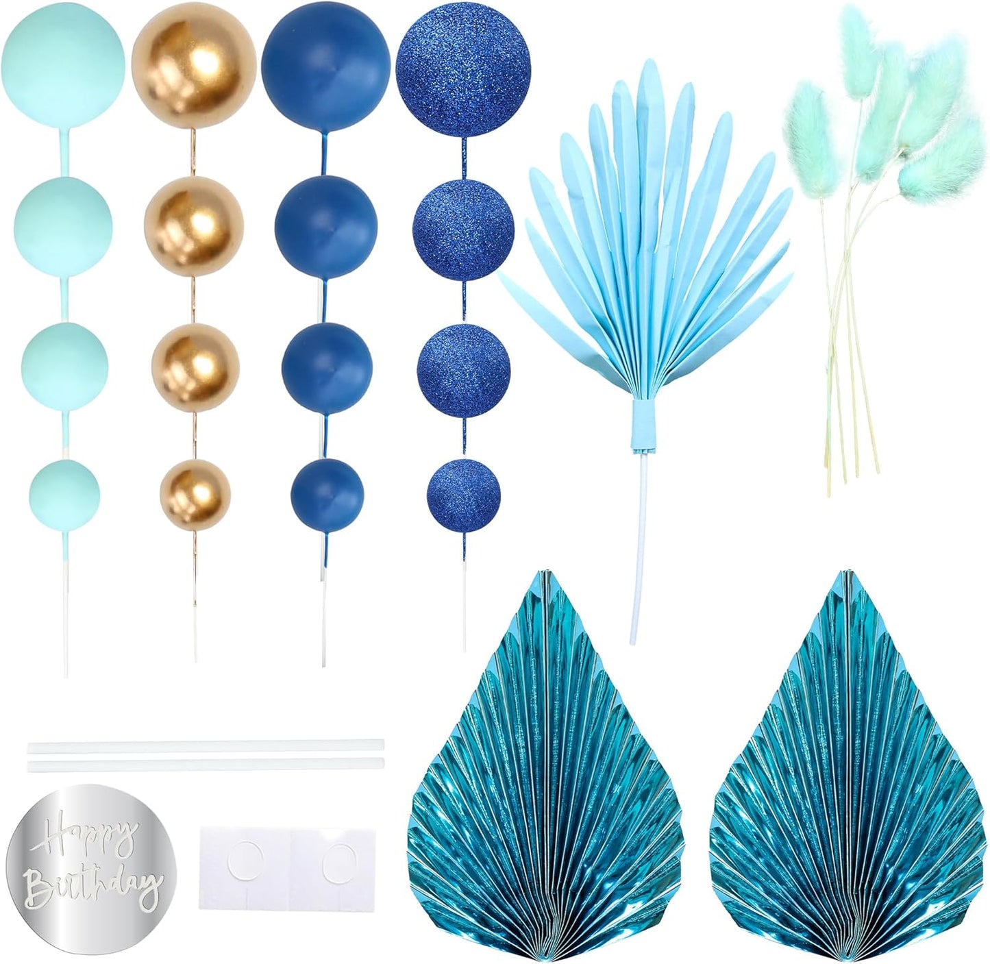 Ephlyn 33 Pack Balls Cake Toppers Boho Palm Leaves Cake Decorations Round Acrylic Happy Birthday Cupcake Toppers for Birthday Wedding Baby Shower Party Supplies Blue