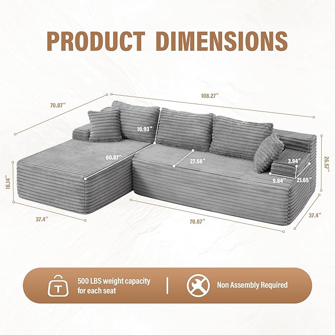 Hobestluk Modular Sectional Sofa Couches L-Shape Couch 3 Seat Modular Sofa - Image 2