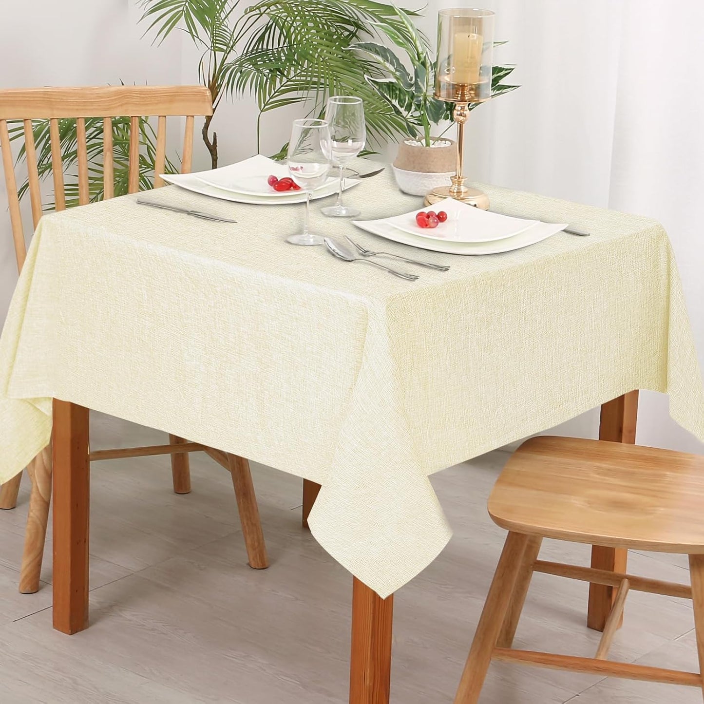 Hiasan Faux Linen Square Tablecloth - Wrinkle and Stain Resistant Washable Table Cloth for Kitchen Dining Room Holiday Table Cover for Dinner, Champagne, 60 x 60 Inch