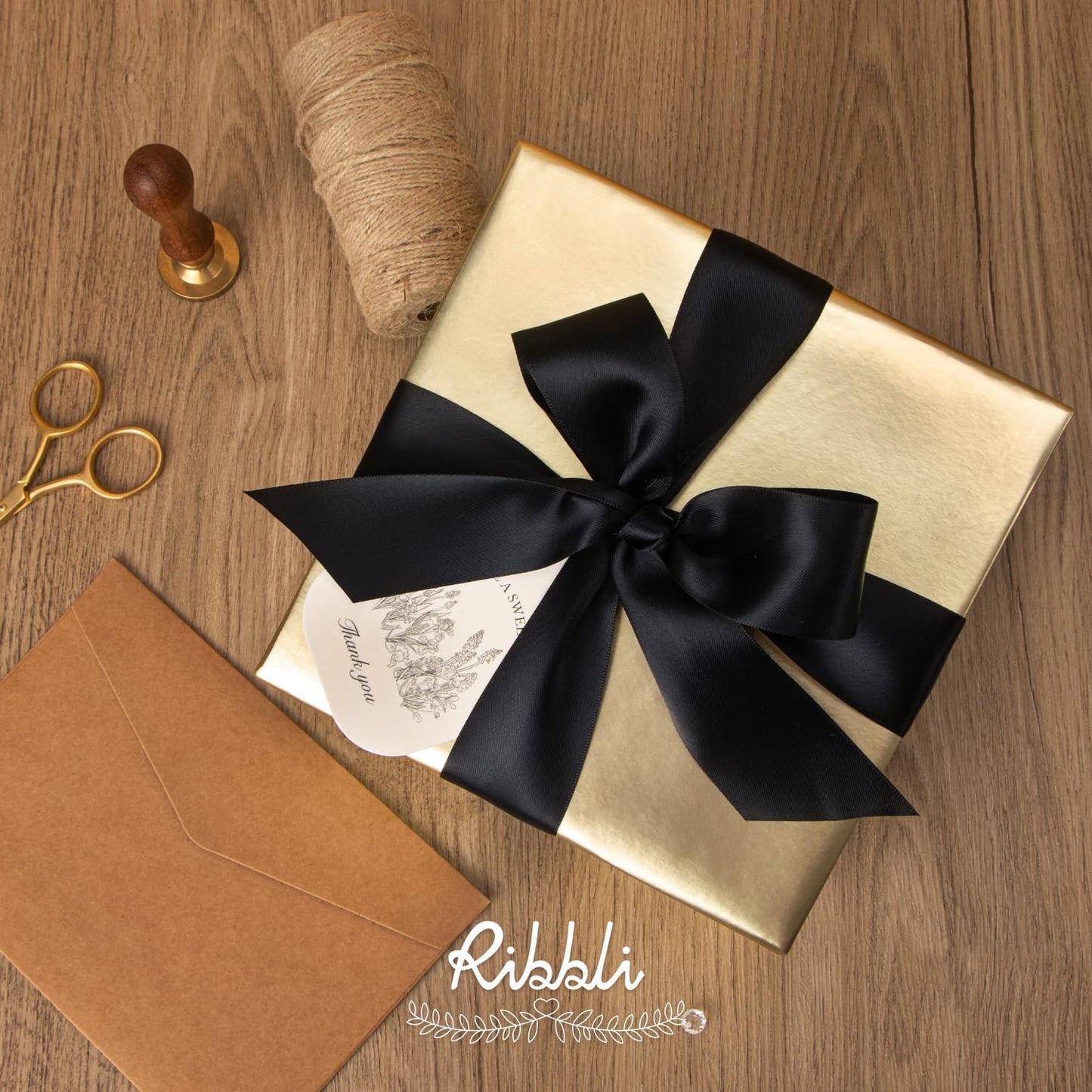 Ribbli Black Double Faced Satin Ribbon,1-1/2” x Continuous 25 Yards,Use for Bows Bouquet,Gift Wrapping,Wedding,Floral Arrangement