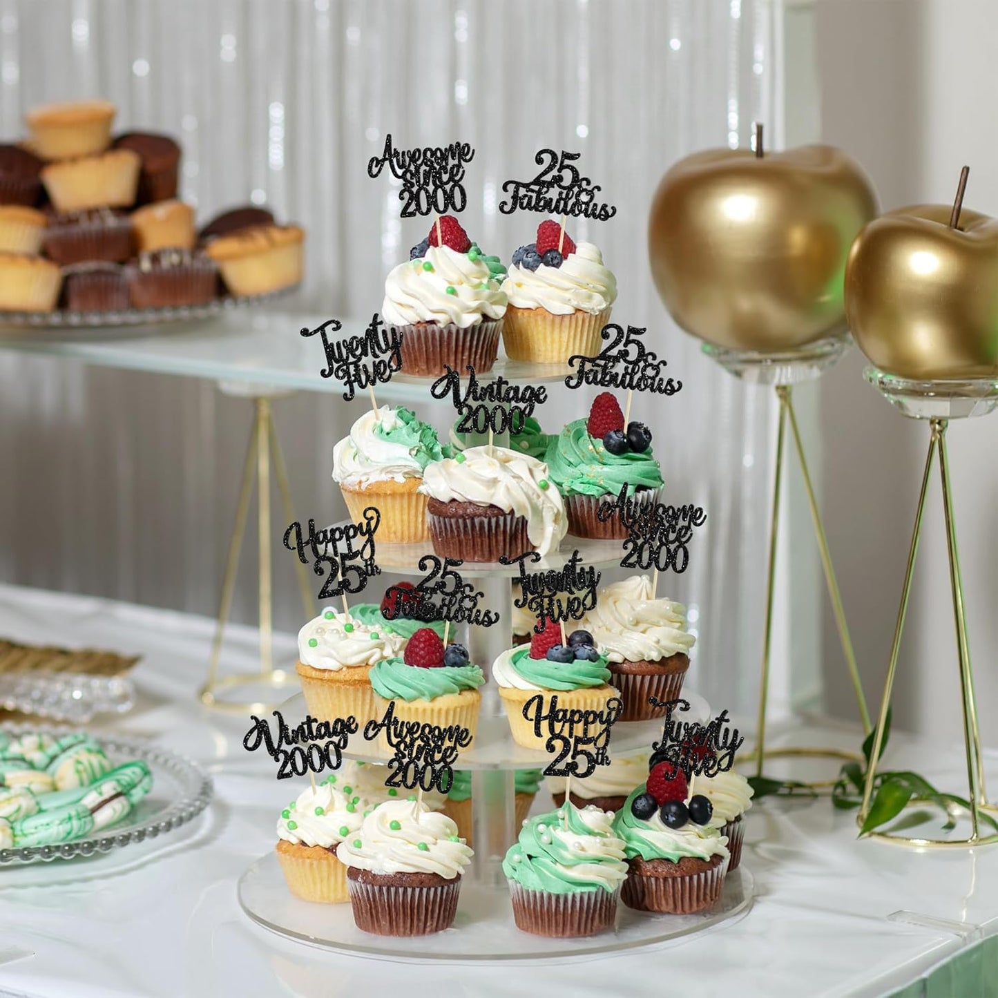 30Pcs Happy 25th Birthday Cupcake Toppers Glitter Awesome Since 2000 Twenty-Five 25 Fabulous Vintage 2000 Cupcake Picks for 25th Birthday Anniversary Retirement Party Cake Decorations Supplies Black