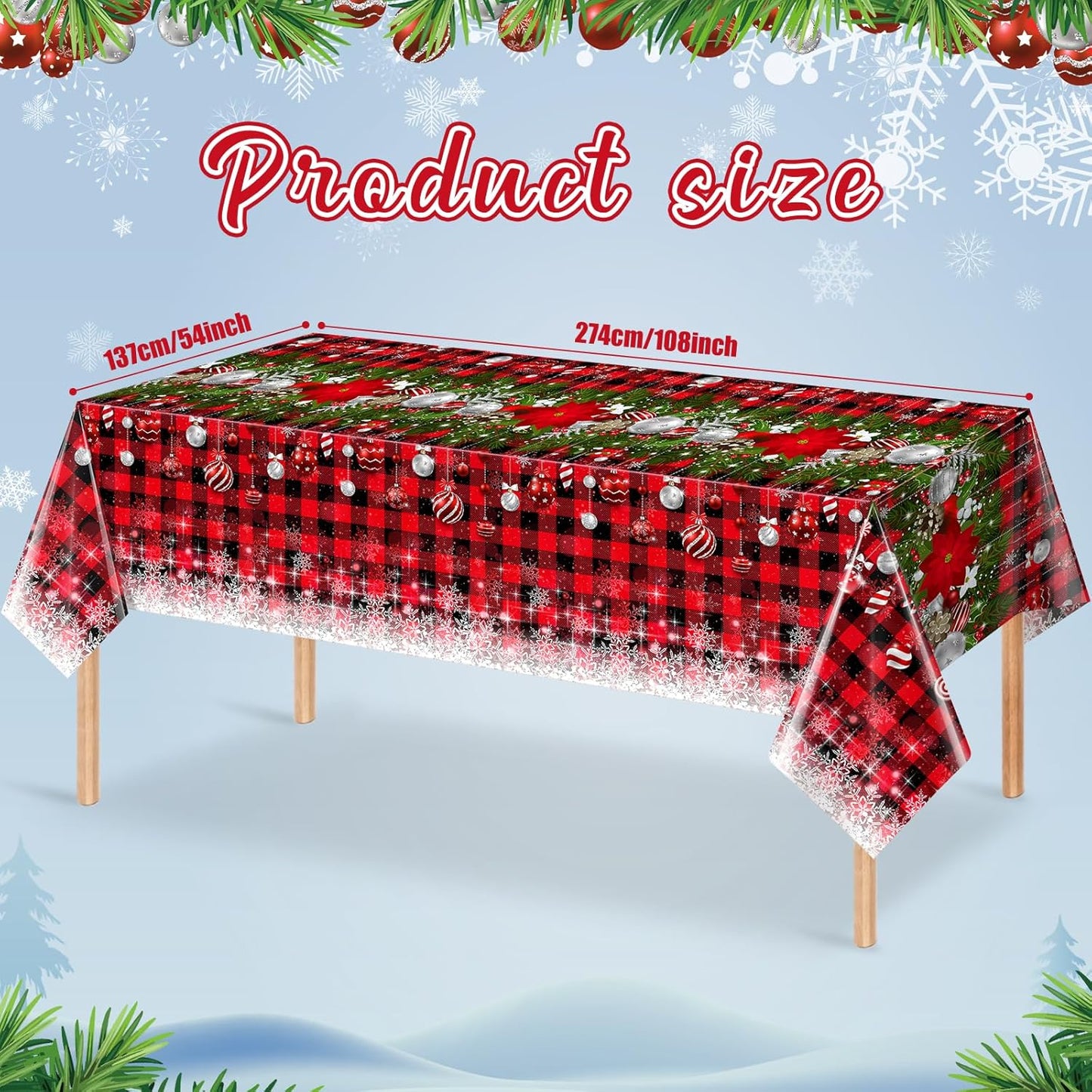 12Pcs Christmas Buffalo Plaid Snowflake Tablecloths,Plastic Red and Black Checkered Rectangle Christmas Tree Color Ball Table Cover for Winter Christmas New Year Holiday Party Decorations,54x108 inch