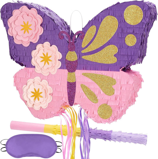 WERNNSAI Butterfly Piñata - Butterfly Birthday Party Supplies Pinata with Stick and Blindfold for Girls Kids Pull String Piñata Family Games Classroom Birthday Party Decorations 16.4” x 12.4”