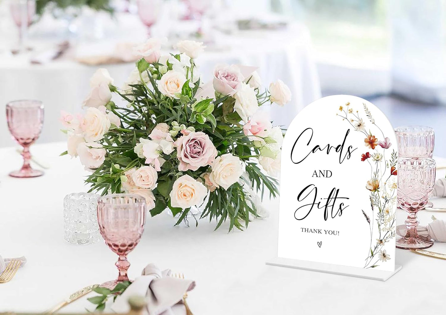 Boho Floral Cards and Gifts Sign, 6 x 8 Inch White Arch Acrylic Wedding Sign with Holder, Wedding Sign for Ceremony and Reception, Wedding Decoration, Wedding Supplies - BX01