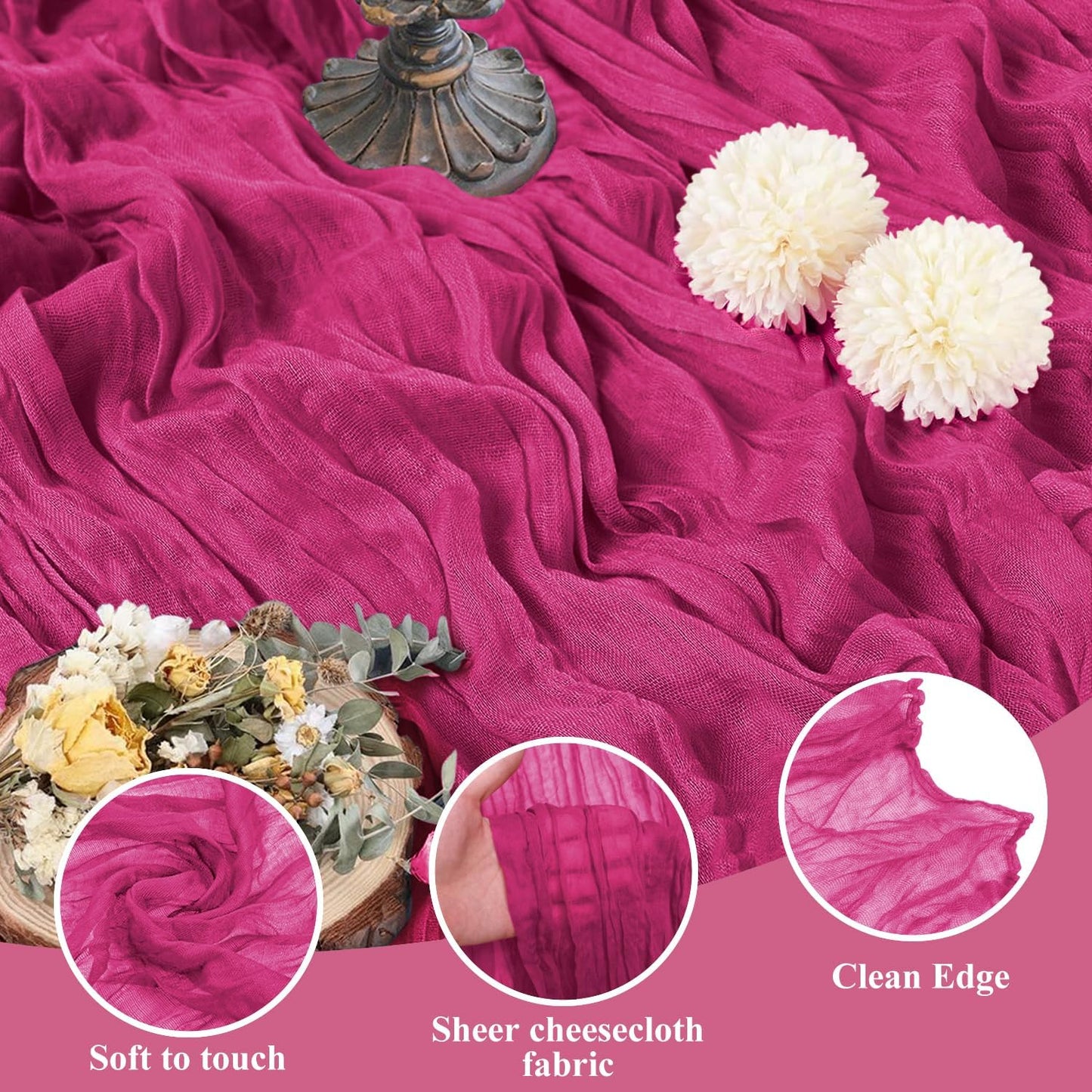 Asee'm 2pcs Cheesecloth Table Runner 120 Inches Long Fuchsia Boho Gauze Cheese Cloth Runner 10FT Rustic Sheer Table Runners for Christmas Wedding Party Baby Shower Spring Easter Decoration