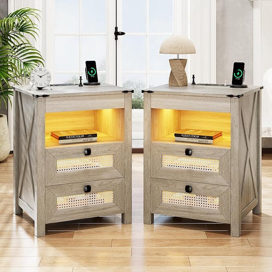 Grey Night Stand Set 2 with Gun Drawer, Bedside Table with Charging Station by ACTKISS