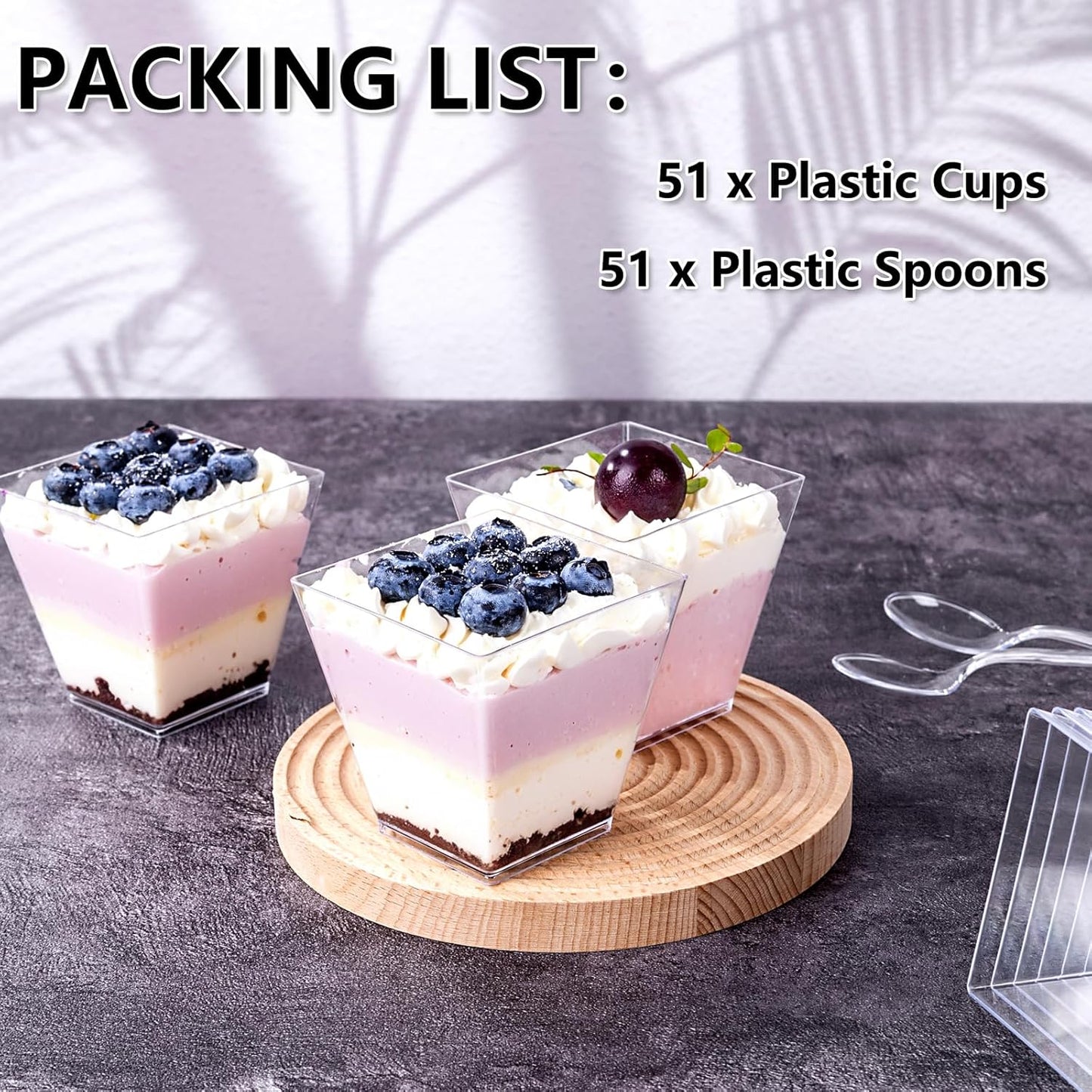 YOUBET 102 PCS Plastic Dessert Cups - 8oz Clear Square Cups - 51 Pack Mini Appetizer Cup with Tasting Spoons for Pudding, Fruit, Yogurt Parfait and Ice Cream