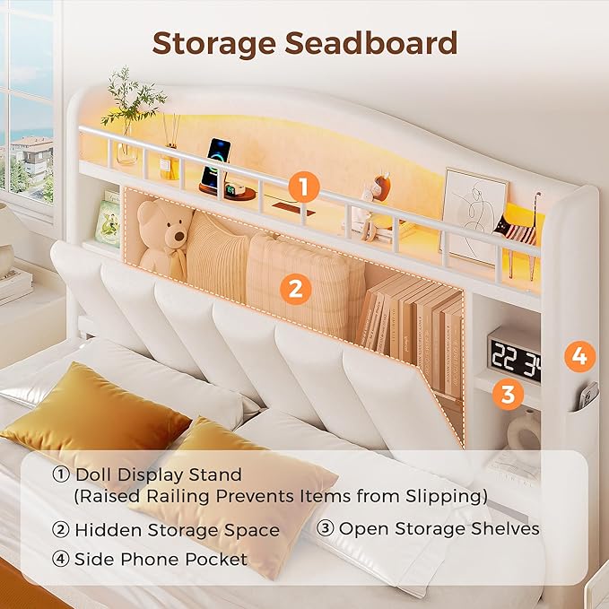 Queen Size Bed Frame with LED Storage Headboard & 2 Storage Drawers, Velvet - Image 4
