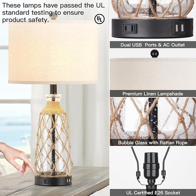 Ruzectt 25.5" Coastal Glass Table Lamps Set of 2, 3-Way Dimmable Touch Control - Image 7