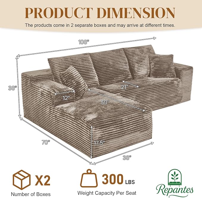 108" L Shaped Boneless Sectional Couches - Image 2