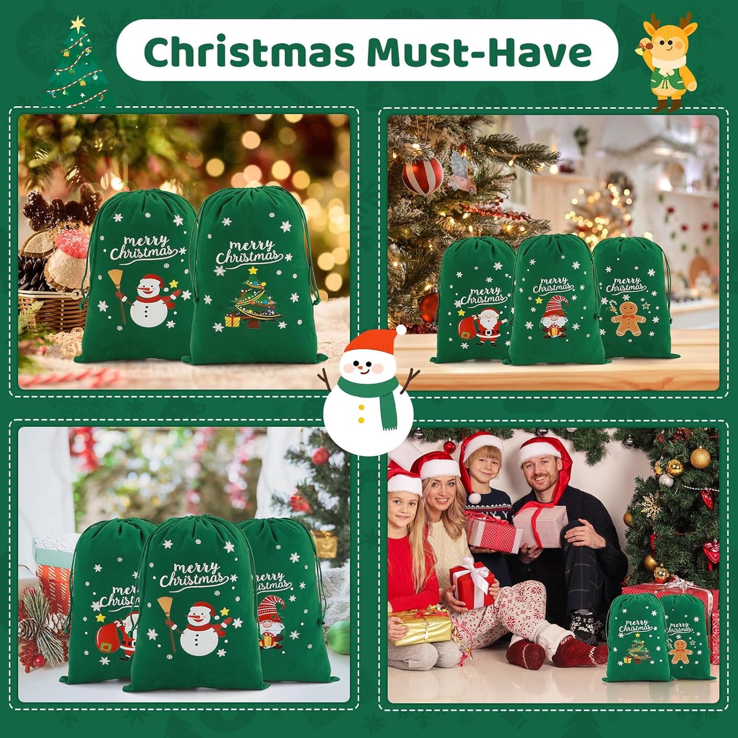 Tapleap Coth Christmas Bags with Drawstring - 50Pcs 7x10 Green Velvet for Small Bussiness Wrapping Christmas Party Favors or Gifts for Friends, Coworkers