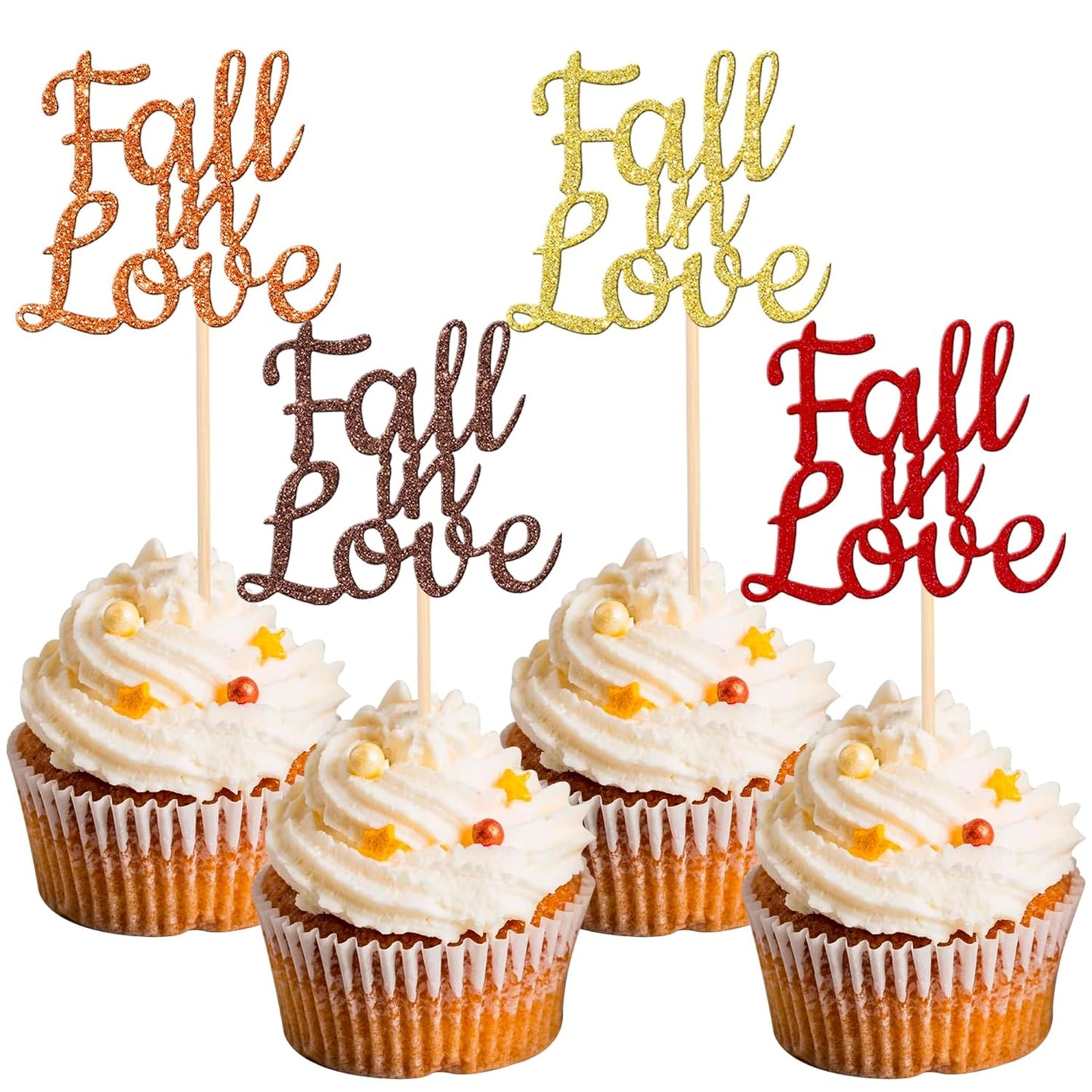 24 PCS Fall in Love Cupcake Toppers Glitter Fall Theme Bridal Shower Cupcake Picks for Autumn Wedding Engagement Anniversary Birthday Party Cake Decorations Supplies Colorful