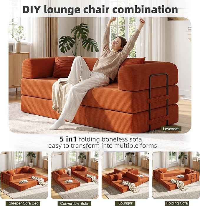 79in Convertible Sofa Bed, Corduroy Boneless Couch Bed, Futon Sleeper Sofa Pull - Image 3