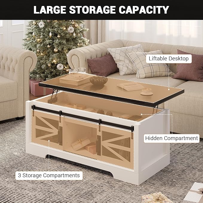 47.2" Lift Top Coffee Table, Hidden Storage Compartment, Lifting Tabletop - Image 4