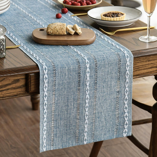 Artoid Mode Dusty Blue Cotton Linen Table Runner, Seasonal Rustic Embroidered Hollow Kitchen Dining Table Decoration for Home Party Decor 13x72 Inch