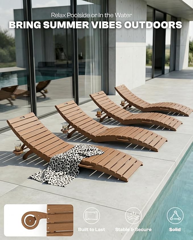 Folding HDPE Pool Lounge Chairs Set of 4, Pre-Assembled Outdoor Chaise Lounge - Image 6
