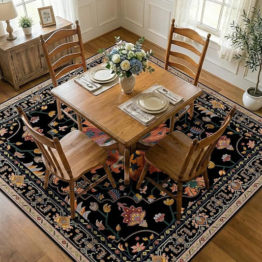 RELEANY Area Rugs Square 7ft Washable Non-Slip, Floral Vintage Distress Print by RELEANY