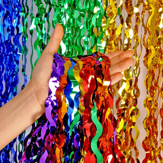 4 Pack Wavy Rainbow Foil Fringe Curtains - Colorful Party Decorations 3.3x6.6ft Tinsel Metallic Streamers Holiday Photo Booth Props Backdrop for Birthday Wedding Engagement