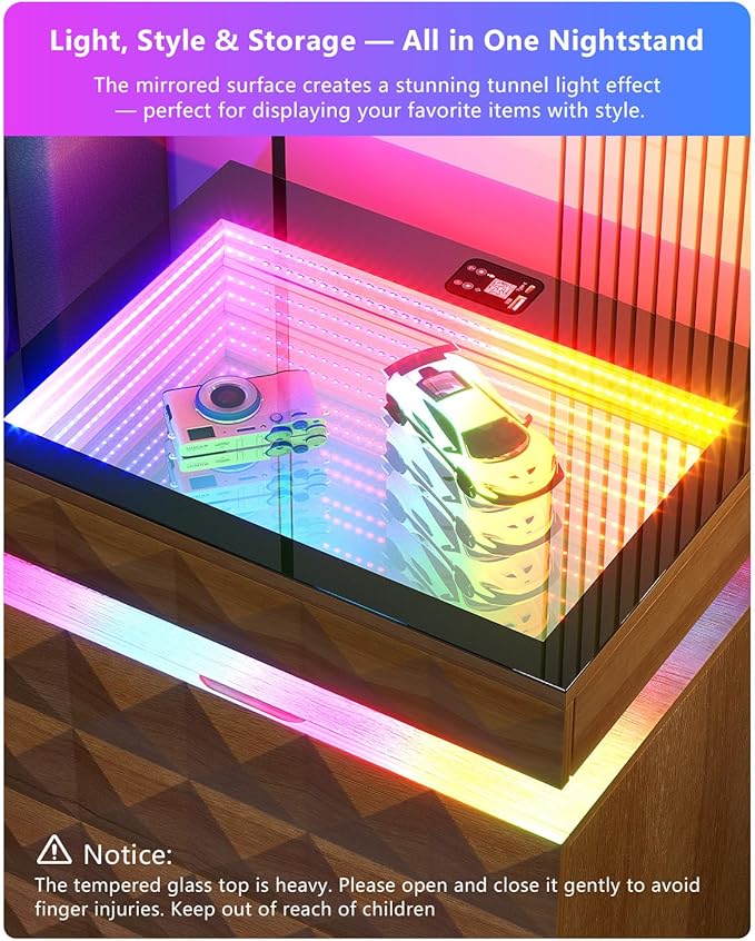 Wood Night Stand with Charger Station & RGB Lights, LED Bedside Table with - Image 5