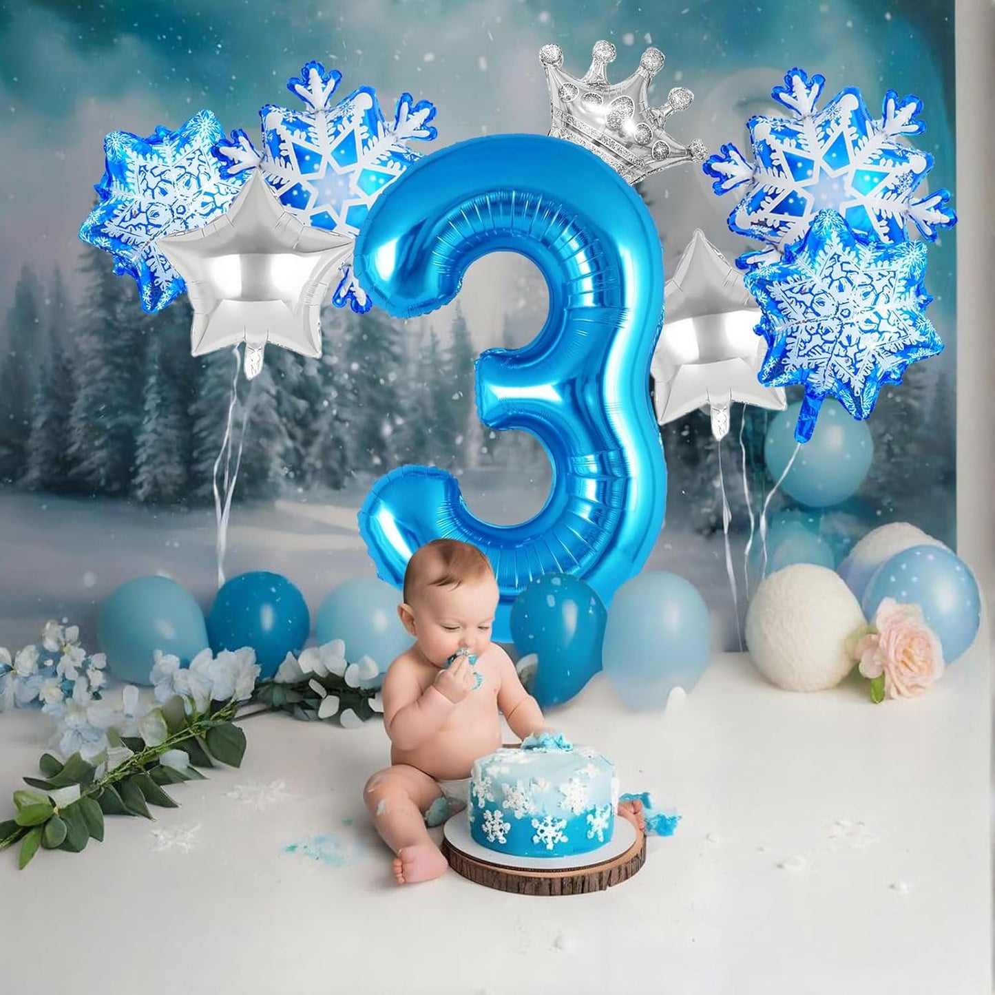 8Pcs Winter Wonderland Decorations - 40inch Blue Number 3 Balloons - Snowflake Foil Balloons for Winter Birthday Decorations - Party Supplies